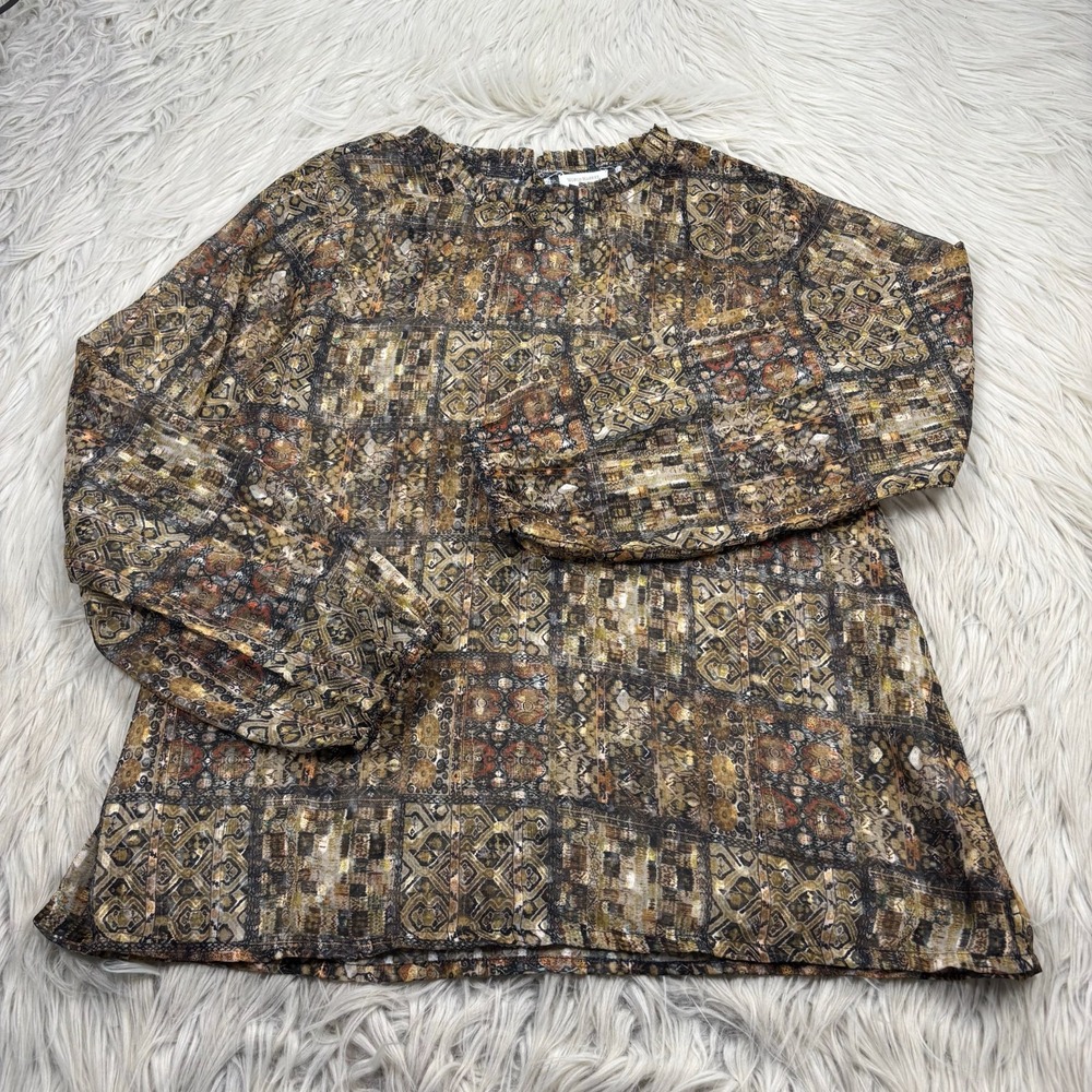 World Market Women's S M Sheer Earth Tone Mock Neck Blouse Boho Artsy